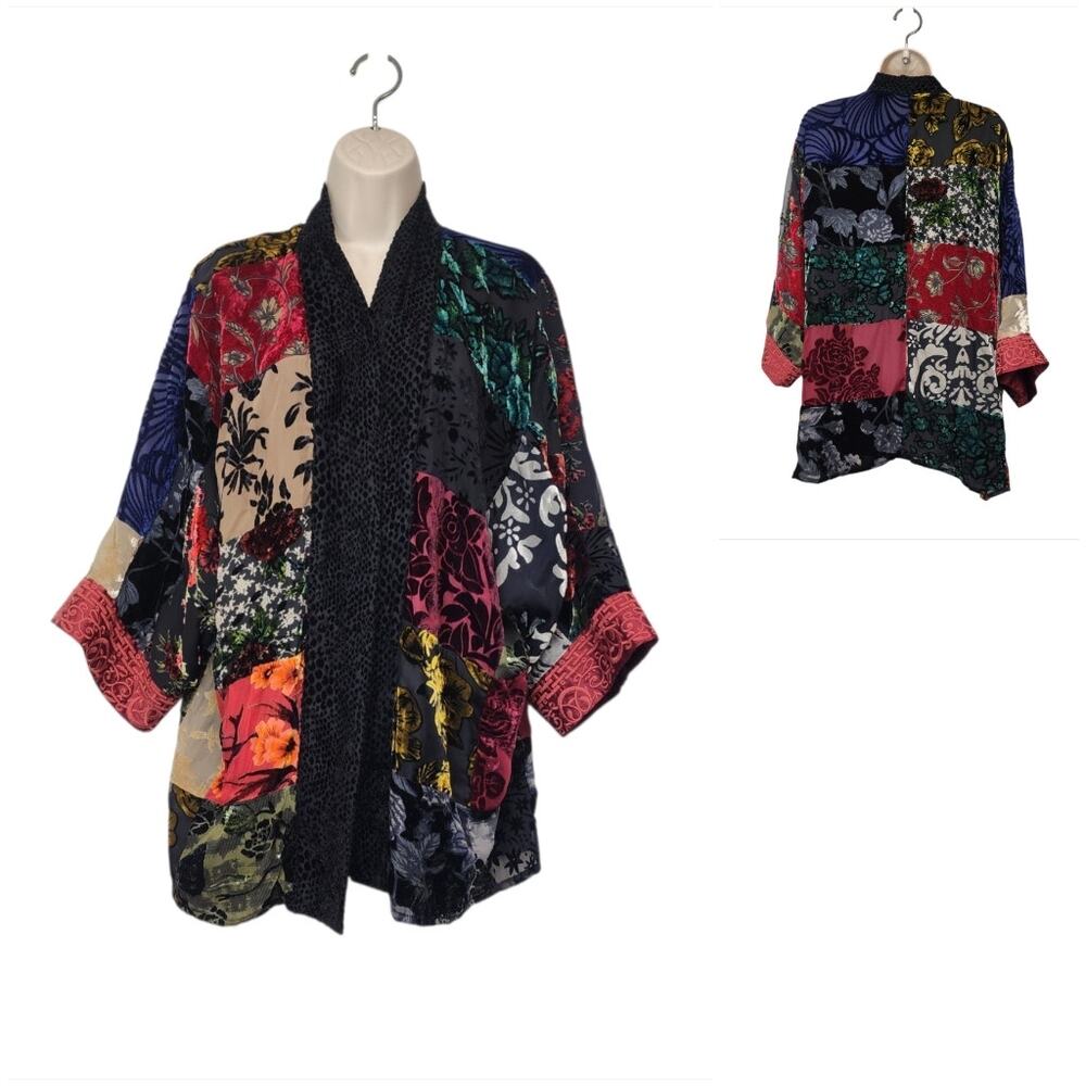 John Mark Patchwork Velour/ Sheer Multi Black 3/4 Kimono Sleeves Cardigan Large